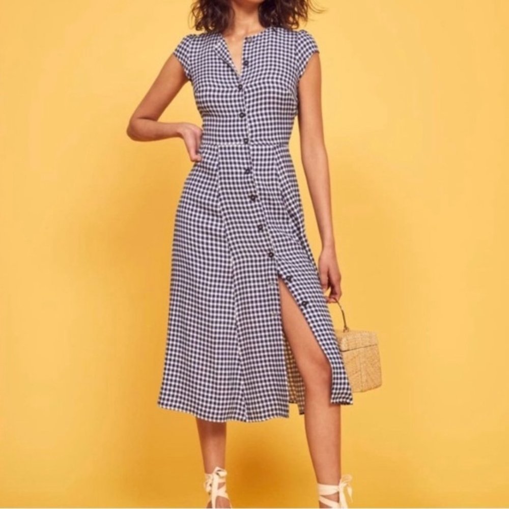Reformation Button Front Midi Dress Blue Check - Size 8